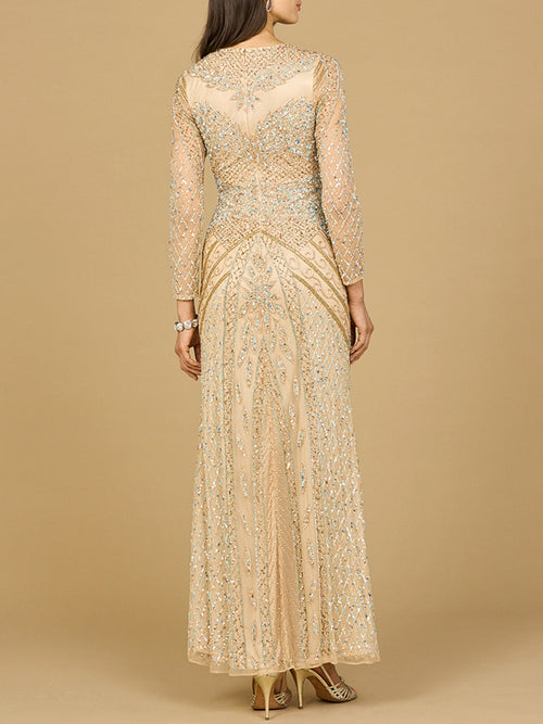 Illusion Neck, Long Sleeve Beaded Gown