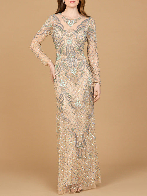 Long Sleeve Beaded Gown