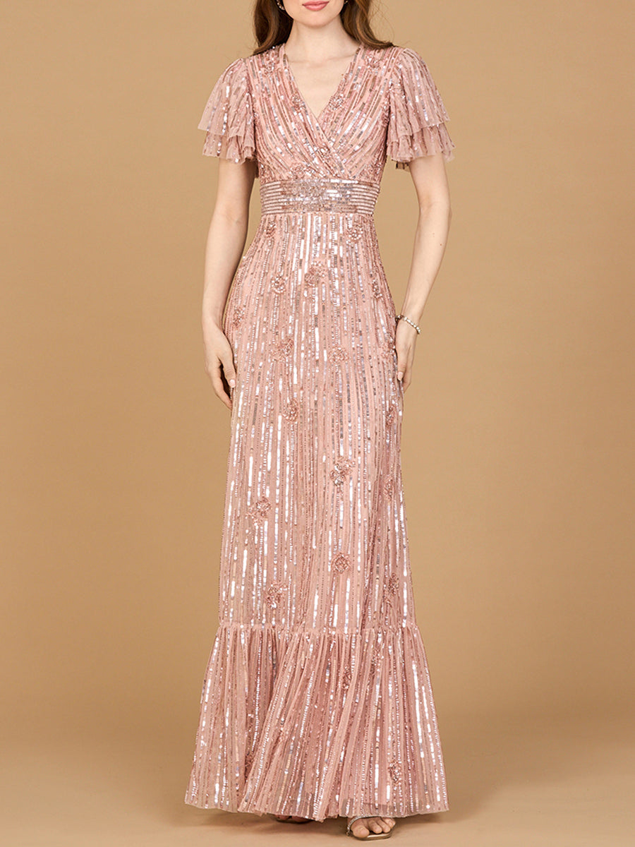 Elegant Beaded Gown with Flutter Sleeves