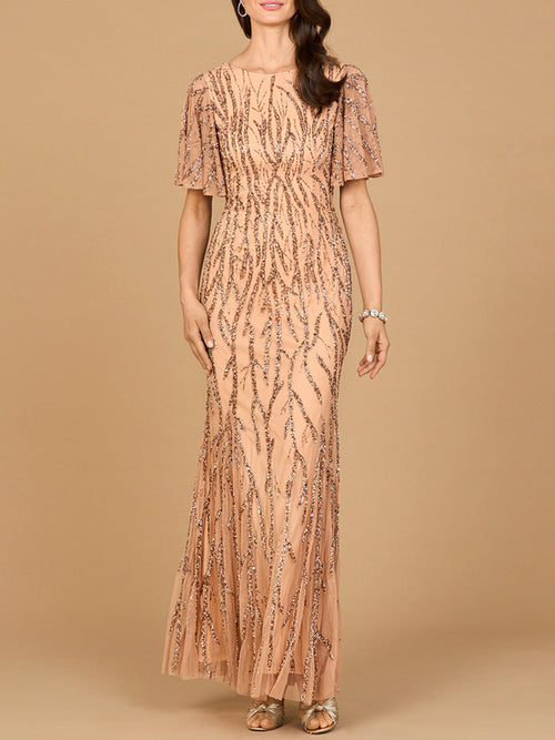 Beaded Gown with Flutter Sleeves