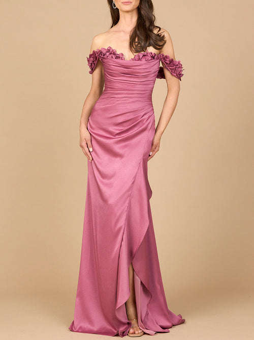 Lara 28916 Off Shoulder Wedding Guest Dress Crepe Simple Evening Gown with Slit