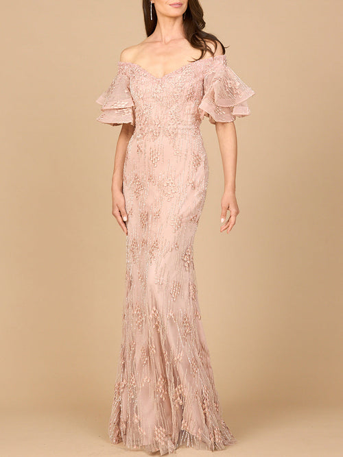 Off Shoulder Mermaid Gown with Tiered Sleeves