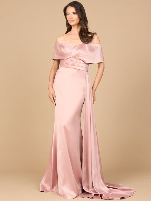 Lara 28945 Off Shoulder Satin Formal Dress Long Side Cape Mother of the Bride Dress