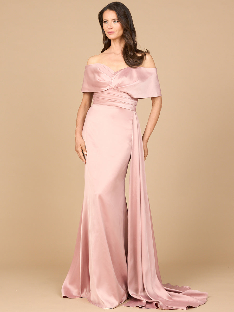 Lara 28945 Off Shoulder Satin Formal Dress Long Side Cape Mother of the Bride Dress