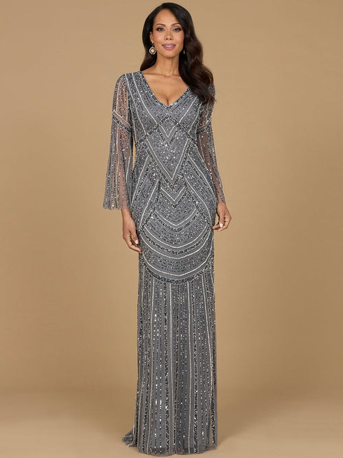 Long Sleeve Beaded Gown with Trumpet Sleeves