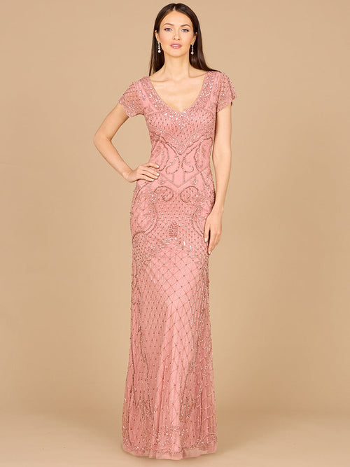 Lara 29073 Beaded Cap Sleeve Formal Evening Gown With V-Neckline