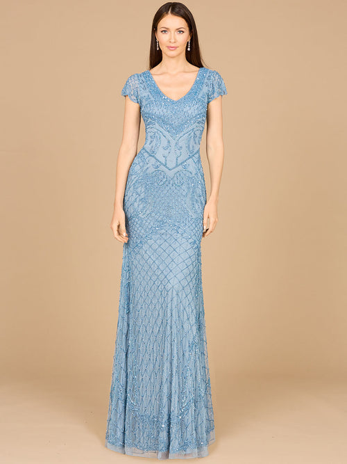 Lara 29073 Beaded Cap Sleeve Formal Evening Gown With V-Neckline