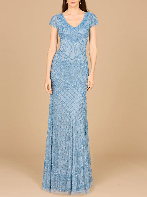 Lara 29073 Beaded Cap Sleeve Formal Evening Gown With V-Neckline