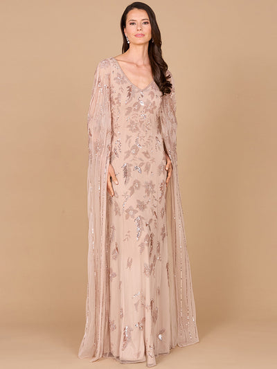 Beaded Sheath Dress with Long Cape