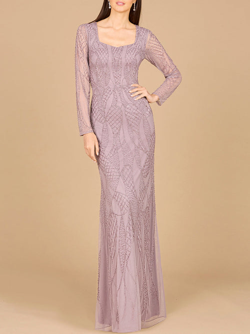 V Neck Beaded Long Sleeve Dress