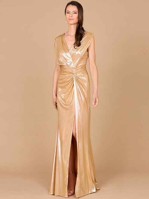 Lara 29124 Cap Sleeve V-Neck Mother of the Bride Dress Metallic Evening Gown with Slit