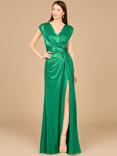 Lara 29124 Cap Sleeve V-Neck Mother of the Bride Dress Metallic Evening Gown with Slit