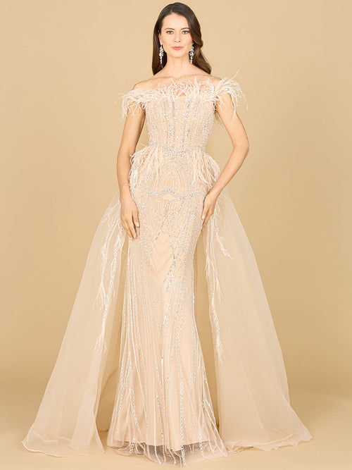 Lara 29161 Overskirt Mother of the Bride Dress Off Shoulder Evening Gown with Feathers