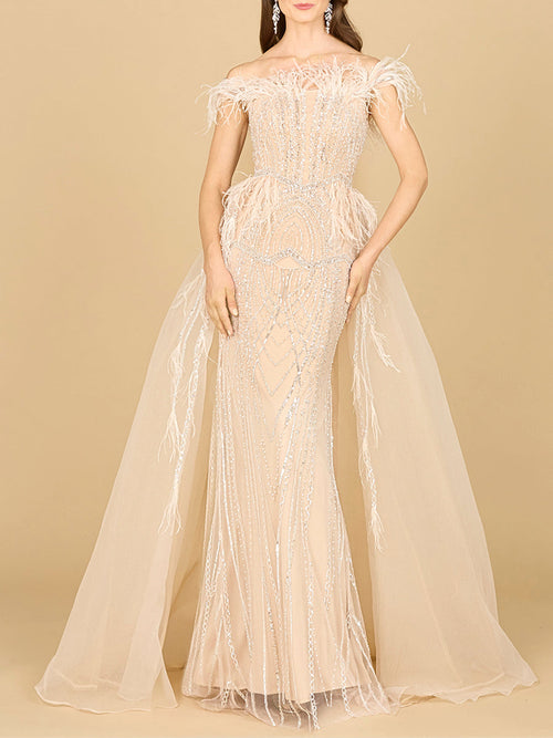Lara 29161 Overskirt Mother of the Bride Dress Off Shoulder Evening Gown with Feathers