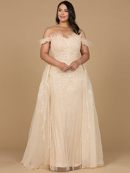 Lara 29161 Overskirt Mother of the Bride Dress Off Shoulder Evening Gown with Feathers