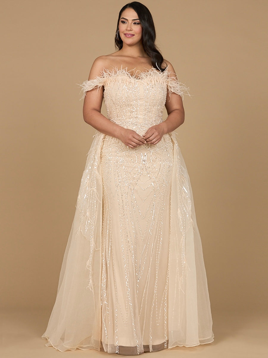 Lara 29161 Overskirt Mother of the Bride Dress Off Shoulder Evening Gown with Feathers