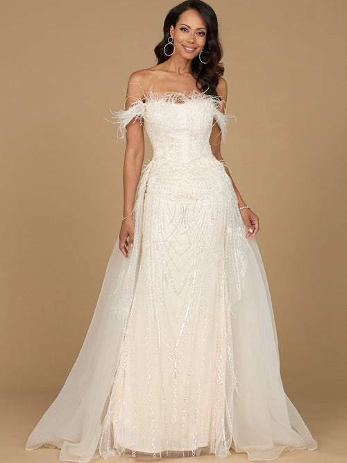 Lara 29161 Overskirt Mother of the Bride Dress Off Shoulder Evening Gown with Feathers