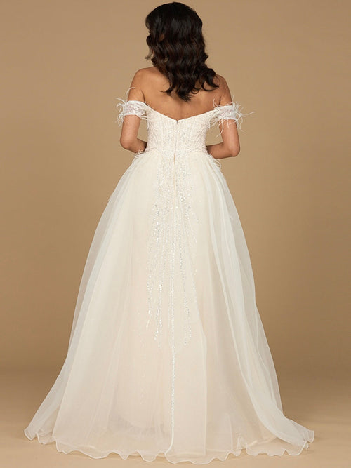 Lara 29161 Overskirt Mother of the Bride Dress Off Shoulder Evening Gown with Feathers