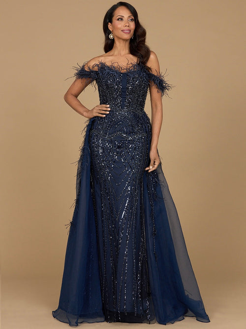 Lara 29161 Overskirt Mother of the Bride Dress Off Shoulder Evening Gown with Feathers