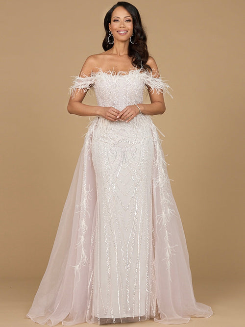 Lara 29161 Overskirt Mother of the Bride Dress Off Shoulder Evening Gown with Feathers