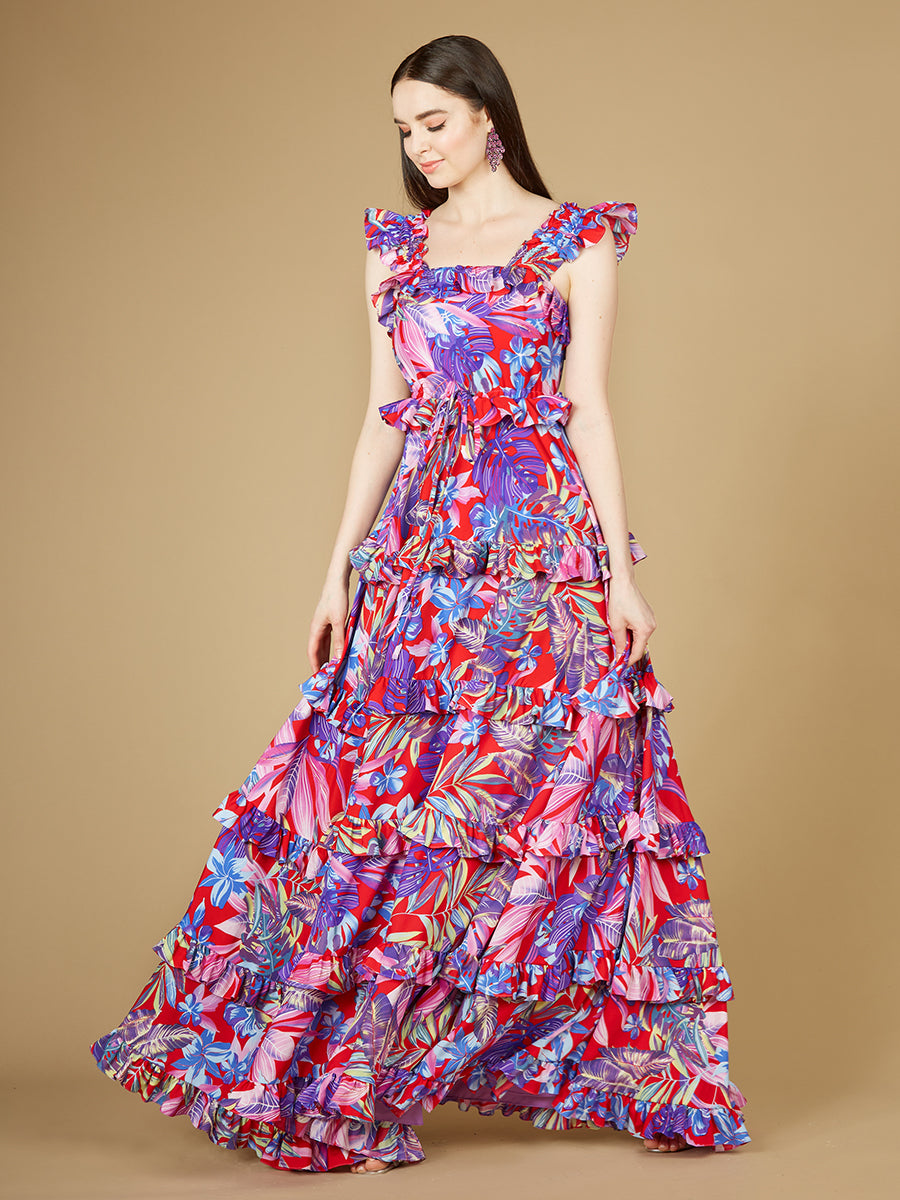 Lara 29271 Red and Purple Floral Print Wedding Guest Dress with Ruffle Skirt