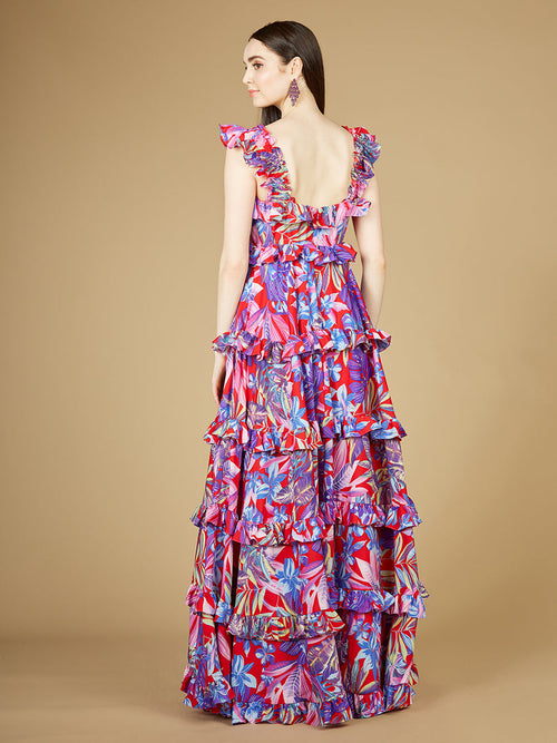 Lara 29271 Red and Purple Floral Print Wedding Guest Dress with Ruffle Skirt