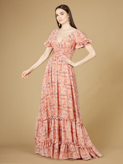 Lara 29273 Pink Long Floral Print Wedding Guest Dress with Cap Sleeves