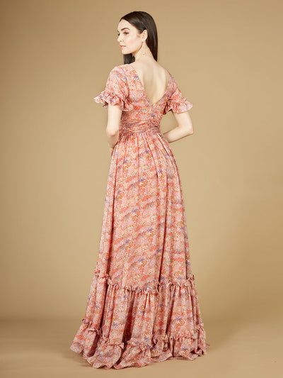 Lara 29273 Pink Long Floral Print Wedding Guest Dress with Cap Sleeves