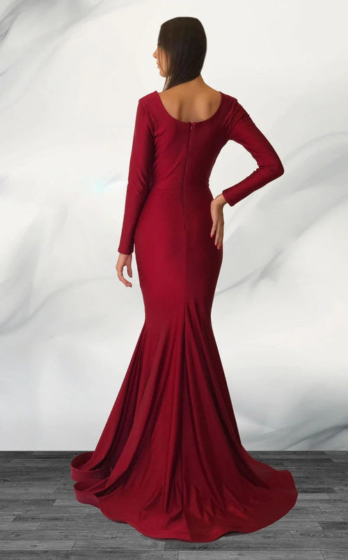 Jessica Angel JA299 V-Neck Long Sleeve Fitted Ruched Evening Jersey Dress