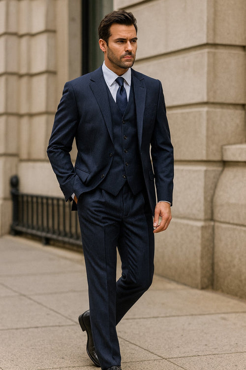 2BV Men's 3 Piece Dark Navy blue Suit For Men Mini Pinstripe ~ Stripe Conservative Italian Design Suit Vested Side Vent Flat Front Pants