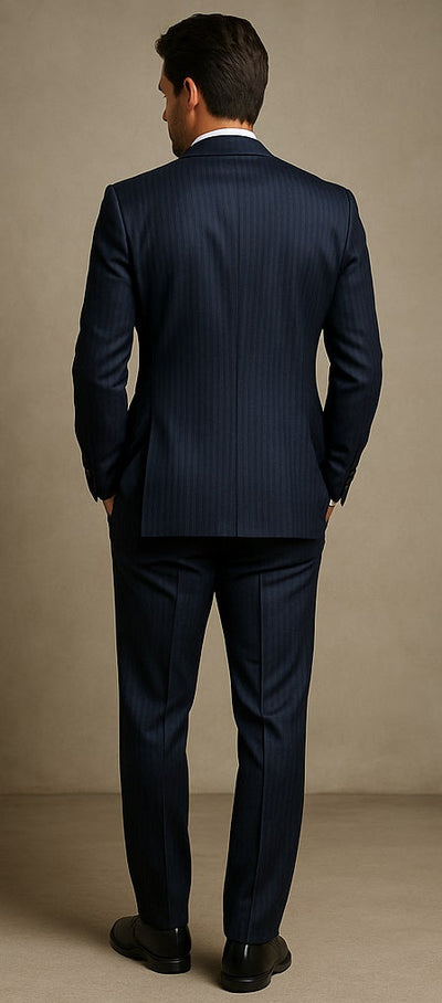 2BV Men's 3 Piece Dark Navy blue Suit For Men Mini Pinstripe ~ Stripe Conservative Italian Design Suit Vested Side Vent Flat Front Pants