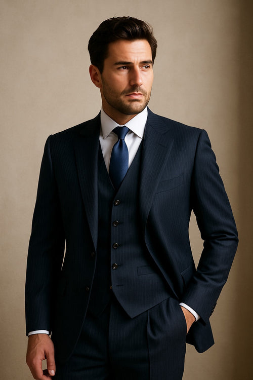2BV Men's 3 Piece Dark Navy blue Suit For Men Mini Pinstripe ~ Stripe Conservative Italian Design Suit Vested Side Vent Flat Front Pants