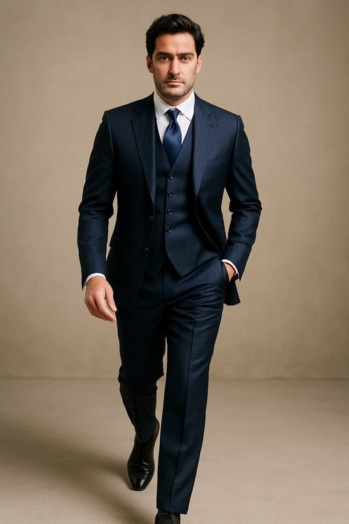 2BV Men's 3 Piece Dark Navy blue Suit For Men Mini Pinstripe ~ Stripe Conservative Italian Design Suit Vested Side Vent Flat Front Pants