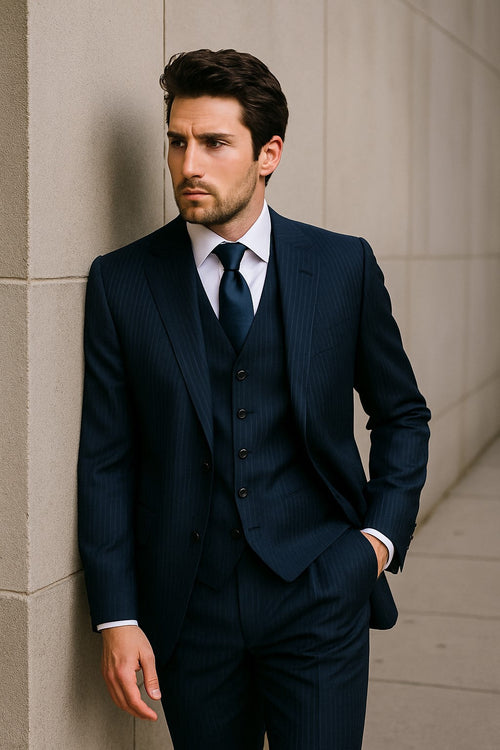 2BV Men's 3 Piece Dark Navy blue Suit For Men Mini Pinstripe ~ Stripe Conservative Italian Design Suit Vested Side Vent Flat Front Pants