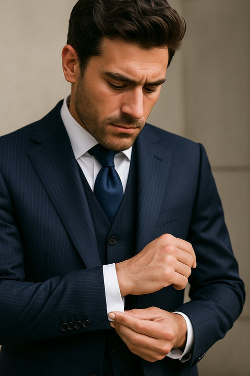 2BV Men's 3 Piece Dark Navy blue Suit For Men Mini Pinstripe ~ Stripe Conservative Italian Design Suit Vested Side Vent Flat Front Pants