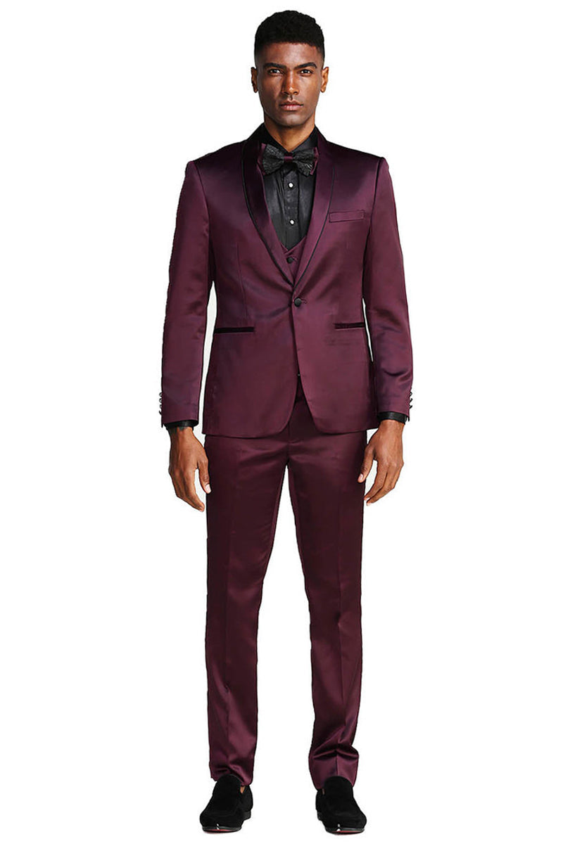 Burgundy Men's Slim Fit Vested Satin Tuxedo Suit for Prom & Wedding by Tazzio