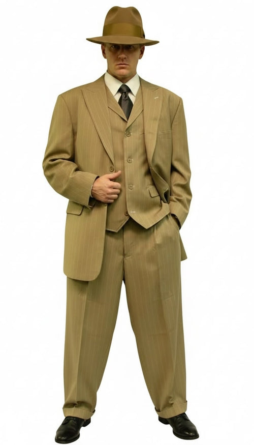 Mens Tan Pinstripe Three Button Suit β 1920s Gangster Vintage 3-Piece Suit with Wide-Leg Pants and Fedora Style in Beige Color