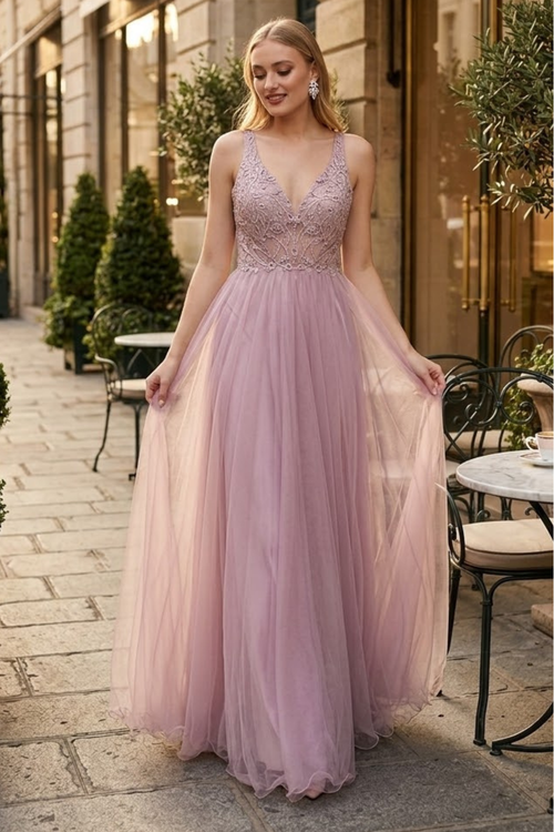 Embroidered A-line Prom Dress Sleeveless V-Neck Evening gown