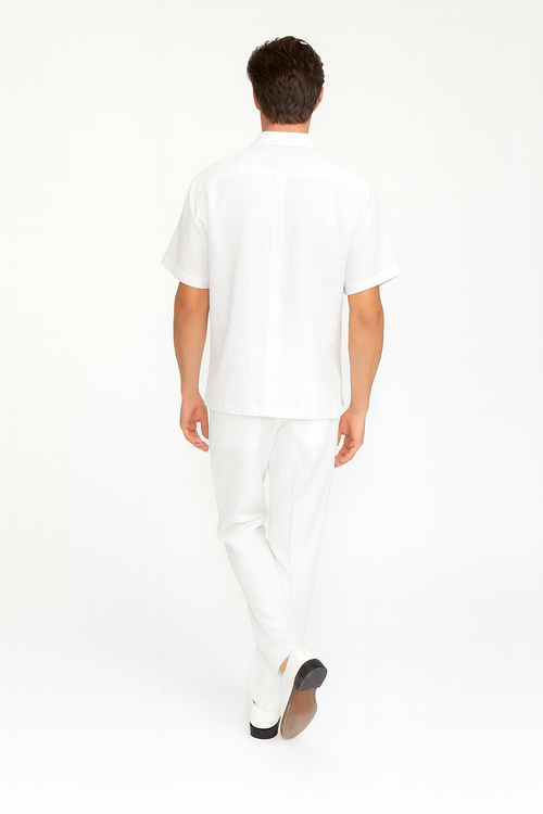 Men’s Linen White Embroidered Guayabera Two-Piece Set – Short Sleeve Shirt and Pants - Summer Walking Suit