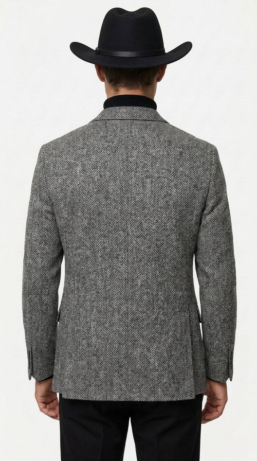 Men’s Grey Herringbone Winter Cowboy Blazer – Western Sport Coat Jacket