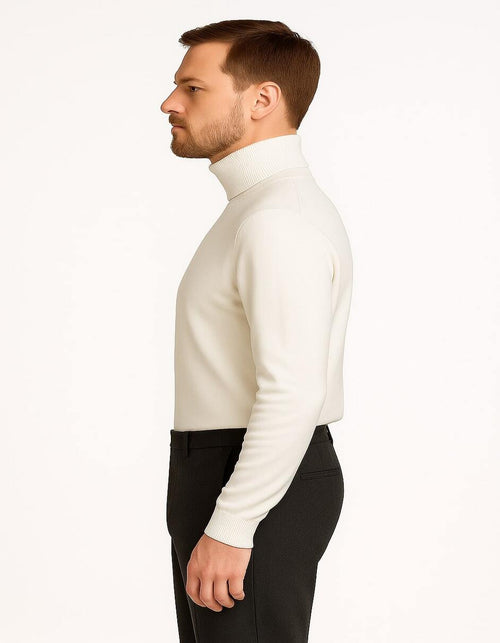 Men's Ivory Turtleneck Sweater - Classic Slim Fit Knit Pullover for Winter Elegance - Cream by USA Men's Outlet