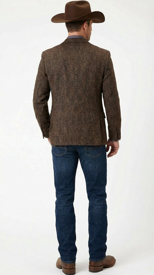Saco Vaquero Men’s Brown Western Tweed Herringbone Blazer Jacket – Classic Cowboy Style Sport Coat for Wedding Party