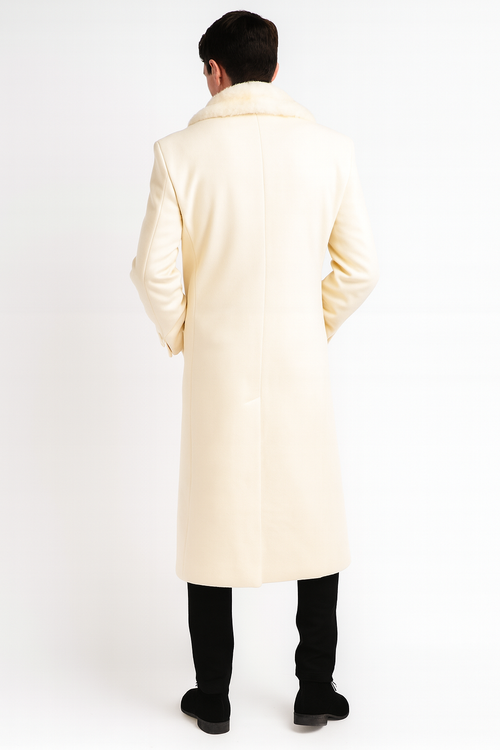 Men’s Ivory - Cream - Off White Full-Length Overcoat with Luxurious Faux Fur Shawl Collar – Winter Dress Coat