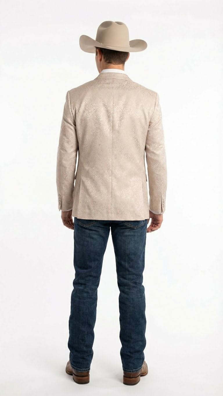 Men’s Tan Khaki Beige Cream Champaign Paisley Western Blazer Jacket, Embossed Dress Sport Coat for Wedding Party Rodeo Style