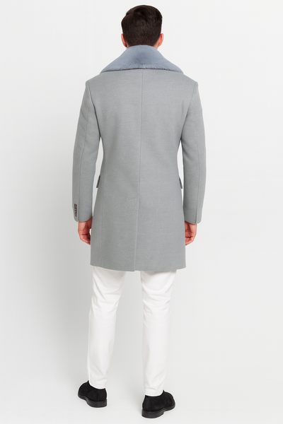 Men’s Light Grey Double Breasted Overcoat with Faux Fur Shawl Collar - Winter Luxury Coat Wool Fabric USA Men's Outlet