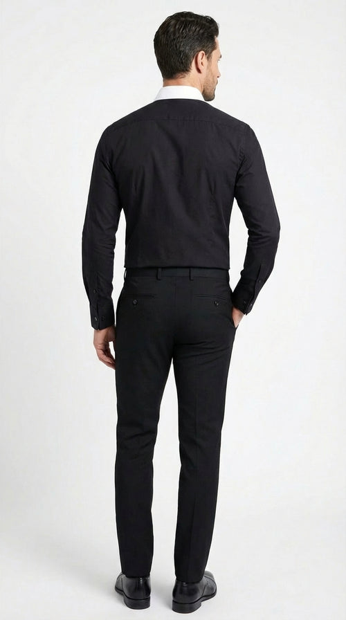 Men’s Black Dress Shirt with White Contrast Collar | French Cuff Cotton Poplin Formal Button-Up Shirt