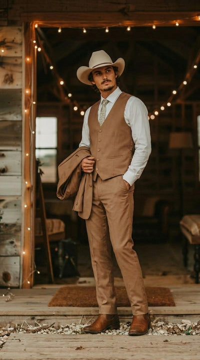 Mens Camel Brown Copper Western 3 Piece Suit – Classic Country Style Blazer Vest Pants Set, Formal Cowboy Suit Outfit