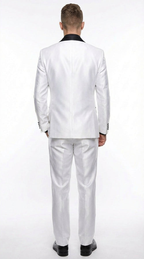 Men’s White Shiny Flashy Fabric Tuxedo Suit with Black Shawl Lapel | Luxury Formal Wedding and Evening Suit Sharkskin Metallic Fabric