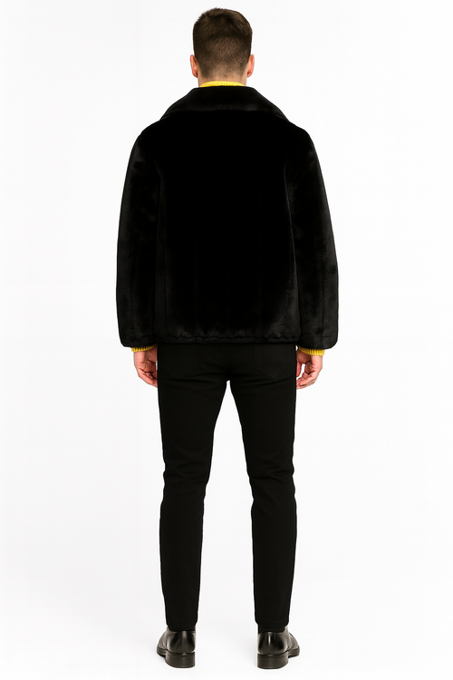Men’s Black Faux Fur Jacket - Luxury Winter Zip-Up Coat with Soft Plush Finish by USA Men's Outlet