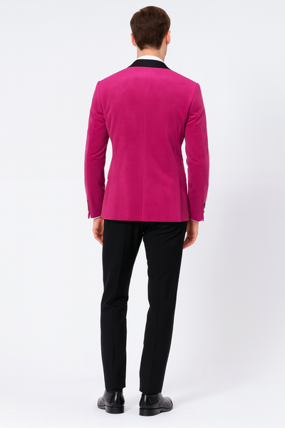 Men’s Fuchsia Tuxedo Blazer with Black Satin Lapel – Stylish Party and Wedding Jacket in Hot Pink Color with Black Pants